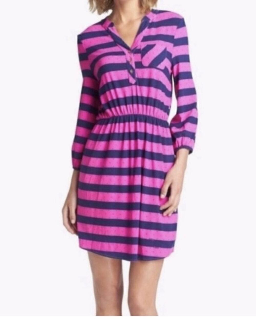 Lilly Pulitzer Pink Blue Beckett Striped Cinch Waist Smocked 3/4 Sleeve Large
